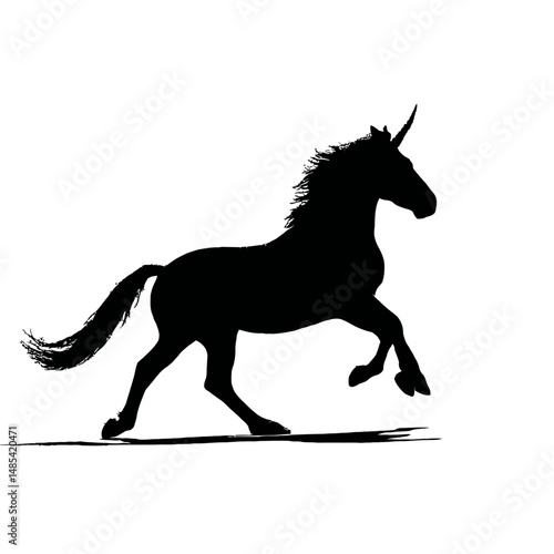 Solid black silhouette of a unicorn galloping