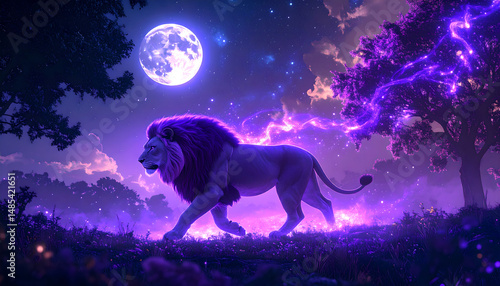 Wallpaper Mural Majestic Purple Lion Walking at Night, Fantasy Forest Scene, Digital Art Torontodigital.ca