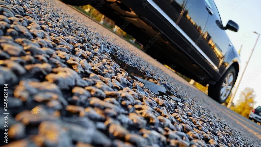 Shallow puddle on asphalt with sharp reflection of street lamp and buildings, urban photography concept highlighting texture and detail in low-angle perspective