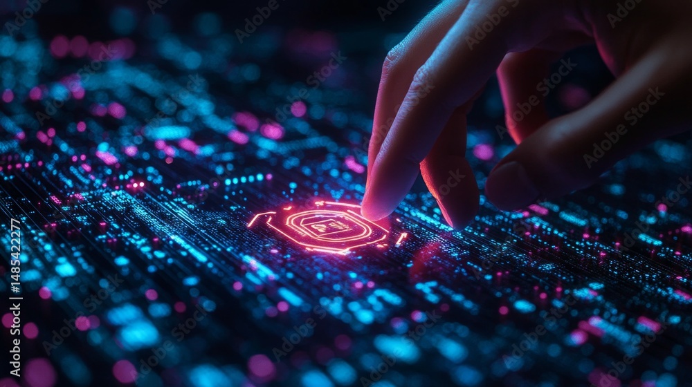 Naklejka premium A hand is pointing at a glowing blue and red symbol on a computer screen