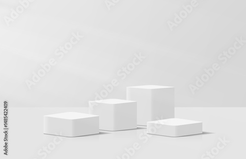 Realistic steps white 3d cube podium pedestal in lighting room shining on pedestal elegant. Minimal wall scene for product display presentation. Vector geometric platform. Stage for showcase.