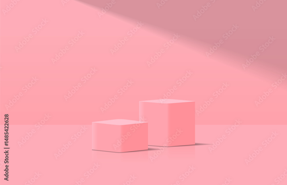 Realistic steps pink 3d cube podium pedestal in lighting room shining on pedestal elegant. Minimal wall scene for product display presentation. Vector geometric platform. Stage for showcase. Realistic steps pink 3d cube podium pedestal in lighting room shining on pedestal elegant. Minimal wall scene for product display presentation. Vector geometric platform. Stage for showcase.