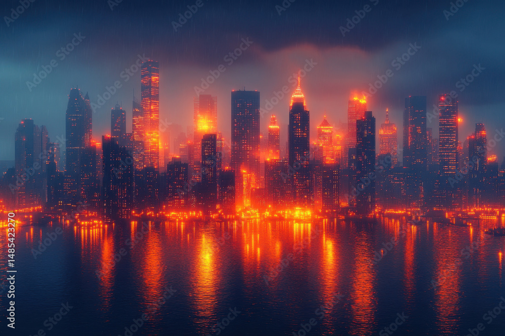 City lights shine brightly in the dark night sky. City lights shine brightly in the dark night sky.