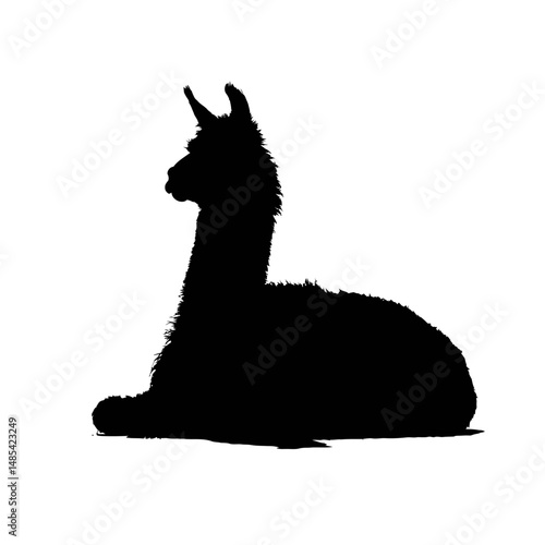 Solid black silhouette of an alpaca resting
