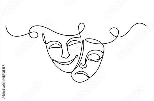 Greek mask one line drawing, opera event symbols continuous hand drawn, mask one line vector. Editable stroke, theater humor smile mask one line continuous line art, Theater mask tragedy. 