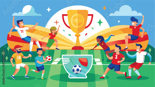 Vector illustration depicting a vibrant soccer celebration with players and a trophy in a festive sports stadium setting