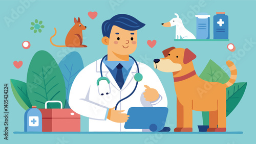 Veterinarian caring for pets in a modern clinic with a cat, dog, and cheerful atmosphere during daylight