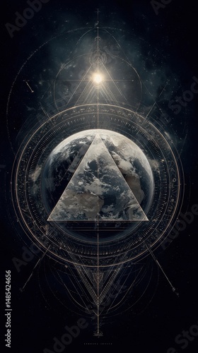 Cosmic design featuring a stylized earth in a dark geometric pattern.