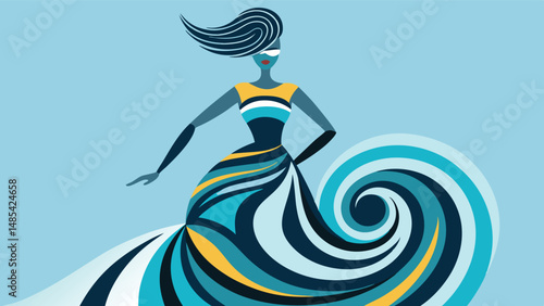 Stylish woman in a swirling blue dress posing confidently in a dynamic vector illustration featuring waves and curves