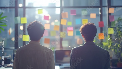 Two colleagues facing away from the camera, looking at sticky notes on a wall of windows
