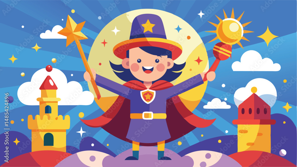 Fantasy illustration featuring a young sorceress with a magic wand in a whimsical landscape at night Fantasy illustration featuring a young sorceress with a magic wand in a whimsical landscape at night