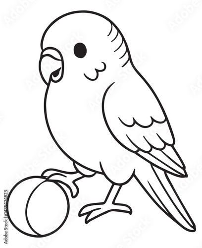 Coloring book parakeet playfully holds a small ball with its foot. 