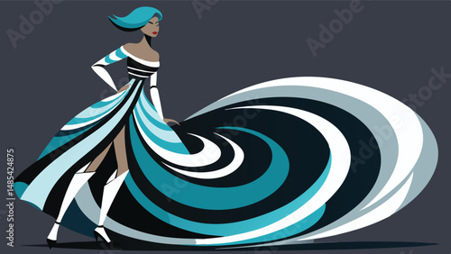Stylish woman in a swirling blue dress posing confidently in a dynamic vector illustration featuring waves and curves