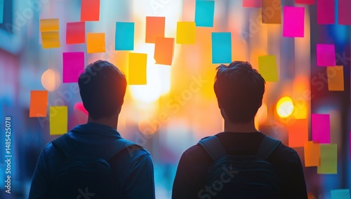 Two people facing away from the camera, looking at colorful sticky notes on a window, representing brainstorming or planning