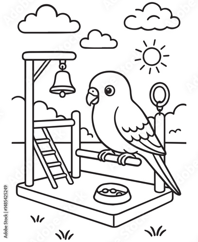 Coloring book parakeet perches on a simple branch, looking directly at the viewer with big, adorable eyes