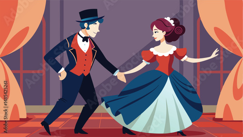 Couple performs a graceful dance in elegant attire, showcasing a classic ballroom style amid a rich purple background