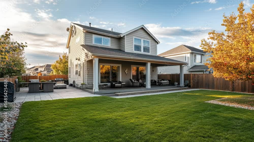 A large house with a big yard and a patio. The yard is lush and green, and the house is surrounded by trees. The sun is shining brightly, creating a warm and inviting atmosphere