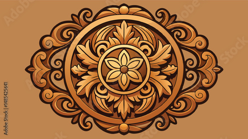 Intricate wood carving illustration showcasing elegant floral and ornamental patterns with a rich brown color palette ideal for decorative design purposes