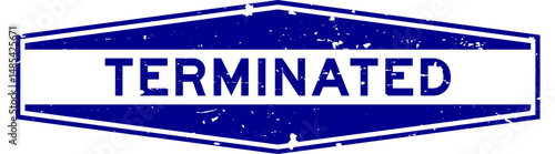 Grunge blue terminated word hexagon rubber seal stamp on white background