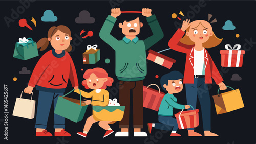 Shopping frenzy during festive season leads to excitement and chaos as people handle gifts and shopping bags in a lively urban environment