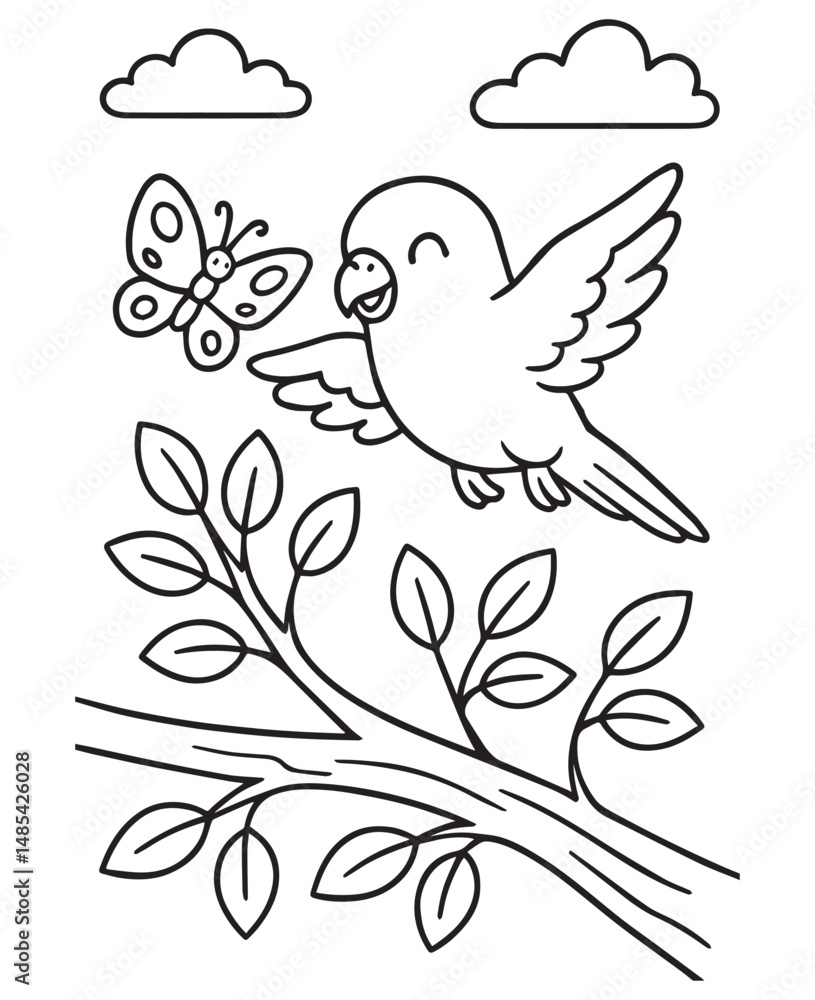 Fototapeta premium Coloring book parakeet flies happily near a butterfly above a leafy branch under fluffy clouds. 