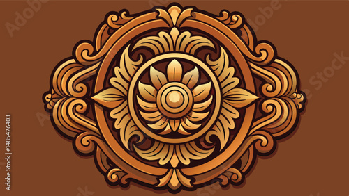 Intricate wood carving illustration showcasing elegant floral and ornamental patterns with a rich brown color palette ideal for decorative design purposes