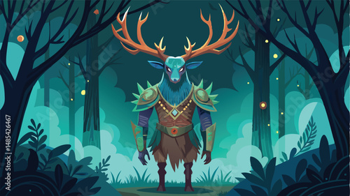 Mystical forest guardian stands confidently amid glowing orbs and dense foliage, showcasing a vibrant illustration of nature's spirit in a magical world