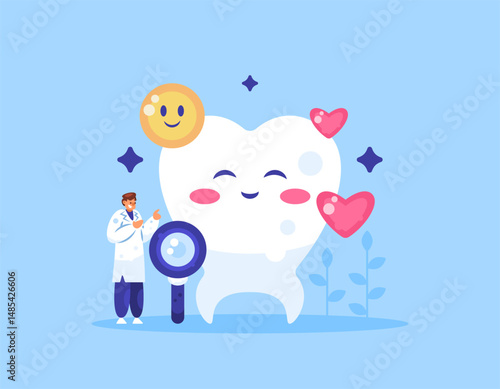 concept of doctor and dental clinic. dentist. checking the condition of dental hygiene and health. illustration of a dental specialist with a character of happy teeth because they are healthy. flat