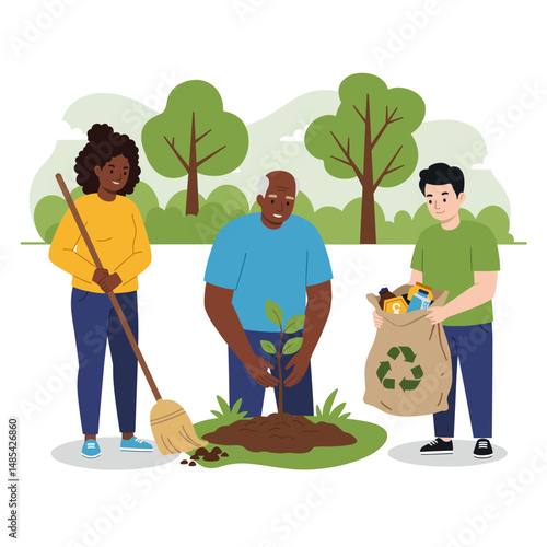 Diverse Group Planting Tree and Recycling