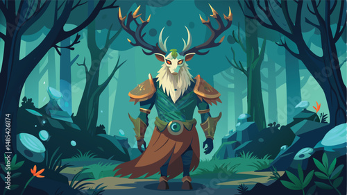Mystical forest guardian stands confidently amid glowing orbs and dense foliage, showcasing a vibrant illustration of nature's spirit in a magical world