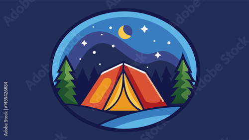 Colorful vector illustration of a camping scene featuring a tent under a starry night sky with mountains and trees in the background