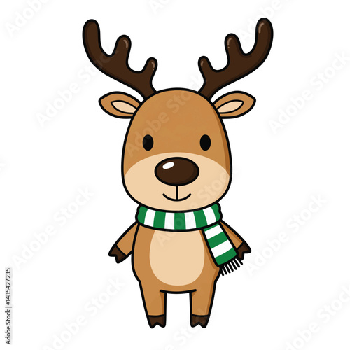 A cartoon reindeer with antlers and a striped scarf is depicted.