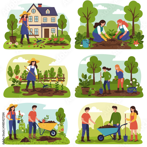 Various Gardening Activities Set with People