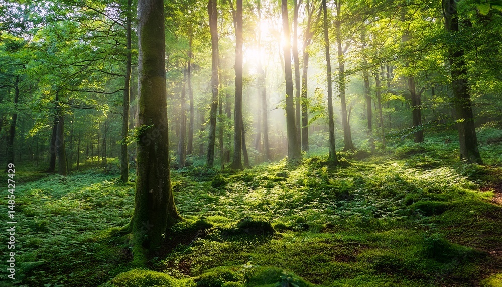 Obraz premium lush green forest wallpaper background with sunlight filtering through trees