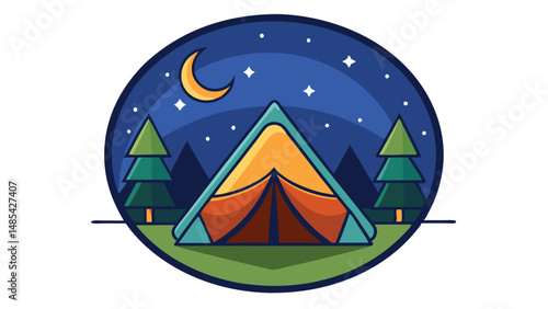Colorful vector illustration of a camping scene featuring a tent under a starry night sky with mountains and trees in the background