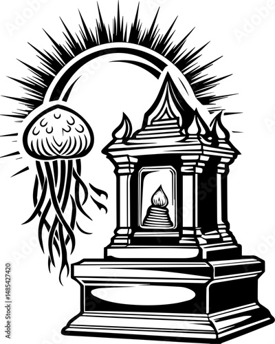 Undersea shrines symbolizing mortality in vector style. Intricate Black and White Illustration of Temple with Jellyfish Design