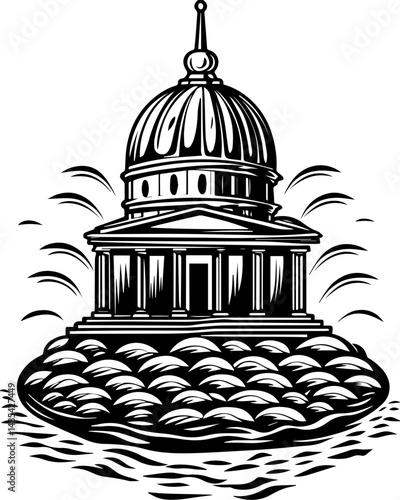 Undersea shrines symbolizing mortality in vector style. Vintage Black and White Illustration of a Dome with Water Splash
