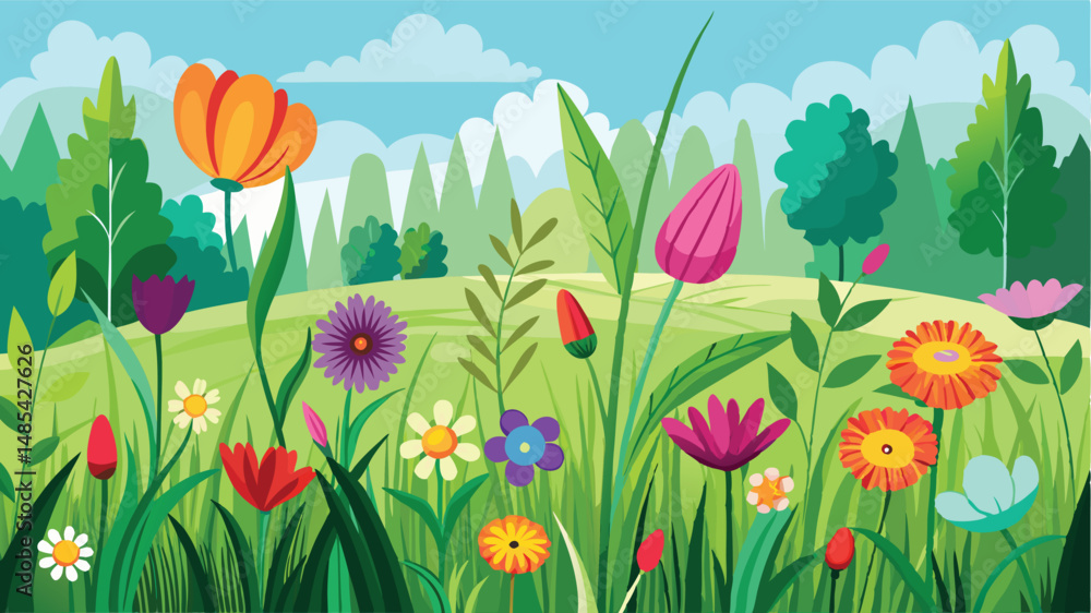 Colorful garden filled with vibrant flowers and greenery in a bright landscape during a sunny day