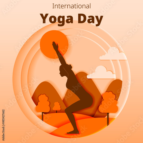 International Yoga Day. Square template. Utkatasana or Chair pose. Paper cut design. Isolated vector illustration