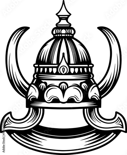 Undersea shrines symbolizing mortality in vector style. Artistic Vintage Helmet Design with Ornate Details and Curved Horns
