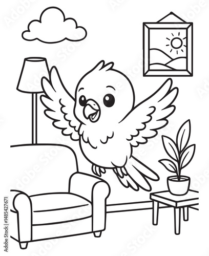 Coloring book parakeet flies happily in a cozy living room with an armchair, a floor lamp,