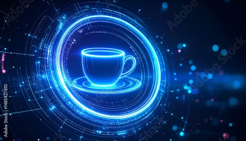 Futuristic mug mockup floating inside a holographic ring, digital neon interface elements, dark background with glowing particles, high-tech and sci-fi aesthetic.
