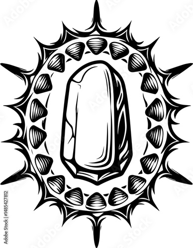 Undersea shrines symbolizing mortality in vector style. Intricate Black and White Design of a Gemstone Surrounded by Spikes
