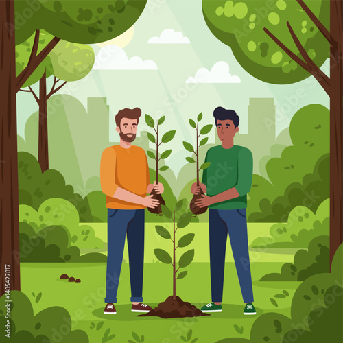 Eco-friendly Endeavor: Two individuals plant a tree in a picturesque park, symbolizing environmental stewardship and the promise of a greener future.