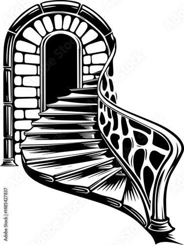 Undersea shrines symbolizing mortality in vector style. Spiraling Staircase Leading to Mysterious Arched Doorway Design