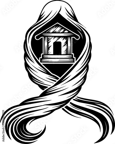 Undersea shrines symbolizing mortality in vector style. Abstract illustration of building within flowing hair and ribbon design