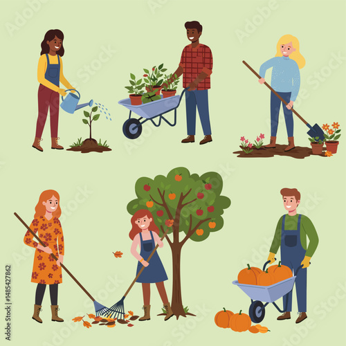 Set of diverse people gardening, planting, and harvesting