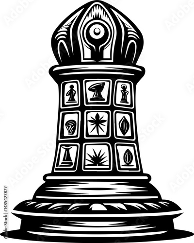 Undersea shrines symbolizing mortality in vector style. Artistic Black and White Chess Piece Representation for Creative Uses