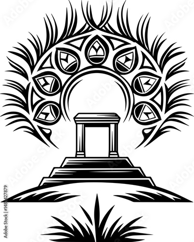 Undersea shrines symbolizing mortality in vector style. Decorative Symbol with Stylized Temple and Ornamental Foliage Design