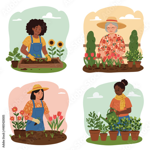 Blooming Bonds: Diverse women tending their flourishing gardens, showcasing the beauty of growth, connection, and shared passion for cultivating life. 